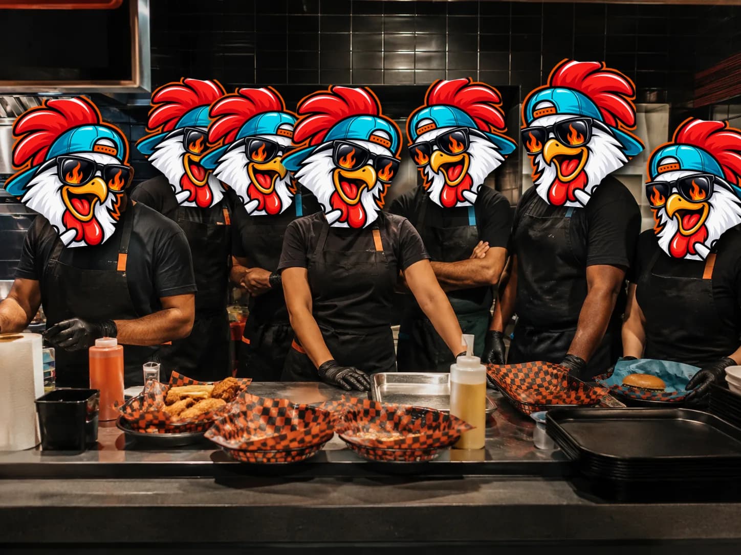 The Ashville Hot Chicken crew behind the counter in JLT Dubai, each with the mascot's chicken head in place of their face