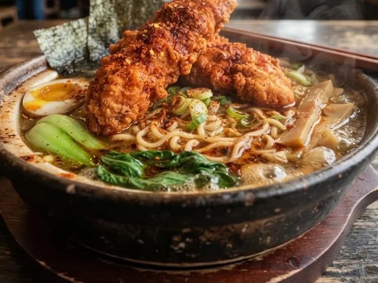 Ashville Hot Ramen - a bowl of ramen noodles in broth topped with a Nashville fried chicken tender, a boiled egg and greens, from Ashville Hot Chicken, JLT Dubai
