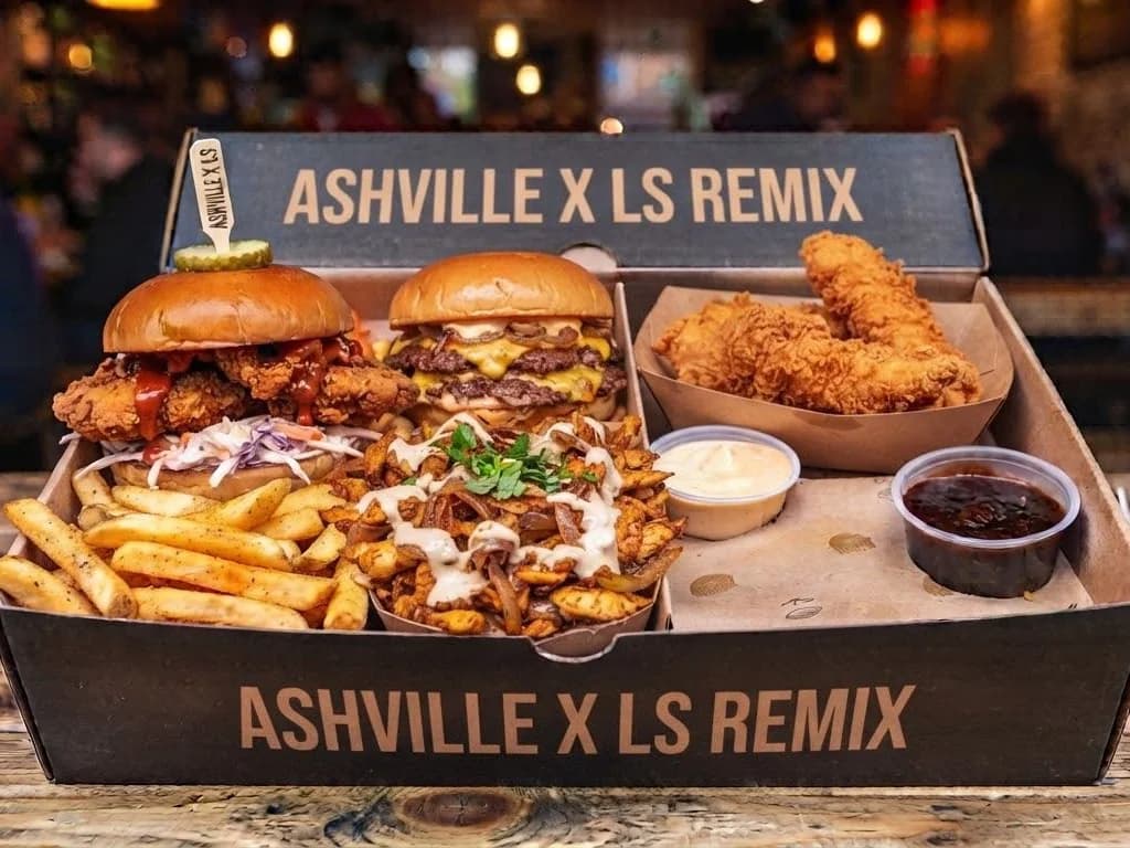 Ashville X LS Remix Box - two burgers, fried chicken tenders, stir fried shawarma, seasoned fries and two dips in one branded box, from Ashville Hot Chicken, JLT Dubai
