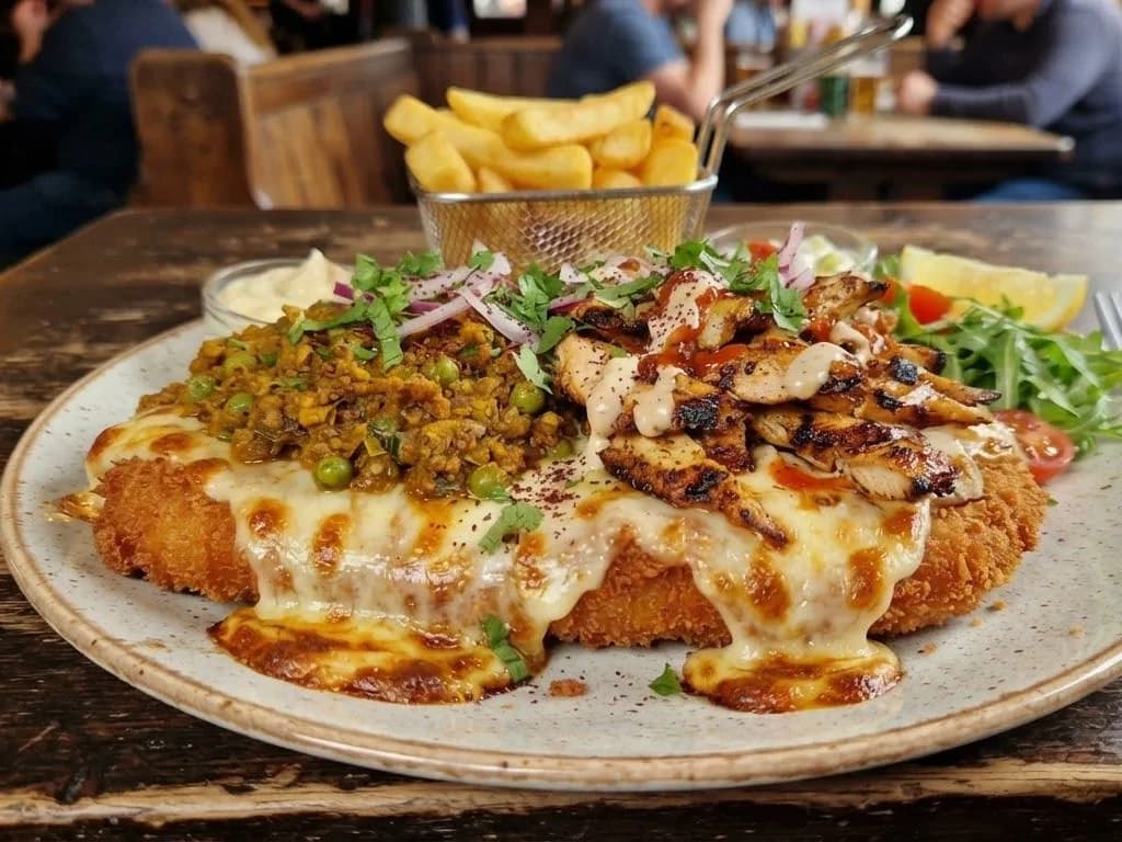 Bad Boy Parmo - a chicken parmo loaded with spiced keema and chicken shawarma over melted cheese, a basket of chips behind, from Ashville Hot Chicken, JLT Dubai