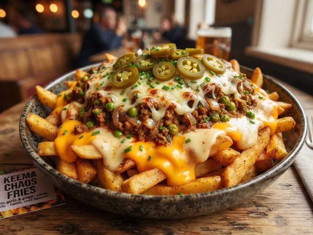 Keema Chaos Fries - crispy fries smothered in spiced keema, melted cheese, jalapenos and sauce in a bowl, from Ashville Hot Chicken, JLT Dubai