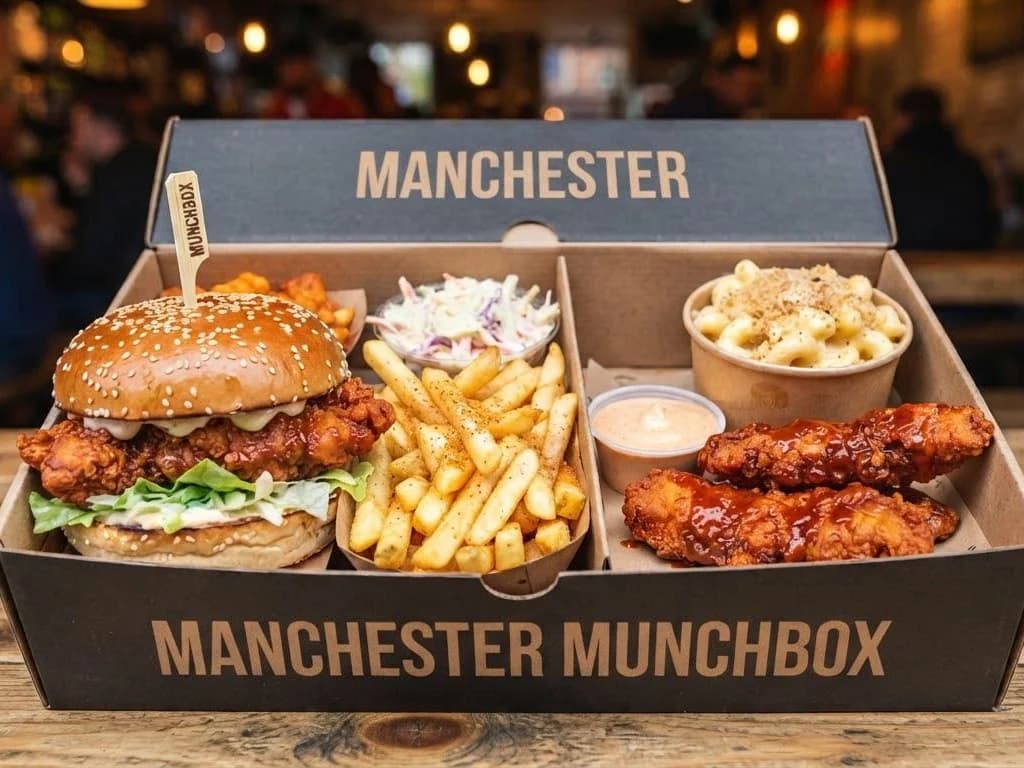 Manchester Box - a spicy dip burger, spicy dip tenders, fries, slaw, mac n cheese and a dip in one branded box, from Ashville Hot Chicken, JLT Dubai