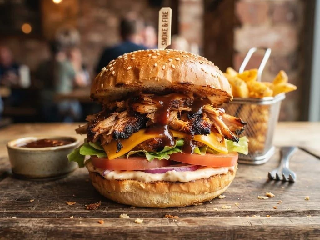 Smokey Chic - charcoal grilled chicken with hot honey, lettuce, cheese and sauce stacked in a seeded bun, a basket of fries behind, from Ashville Hot Chicken, JLT Dubai