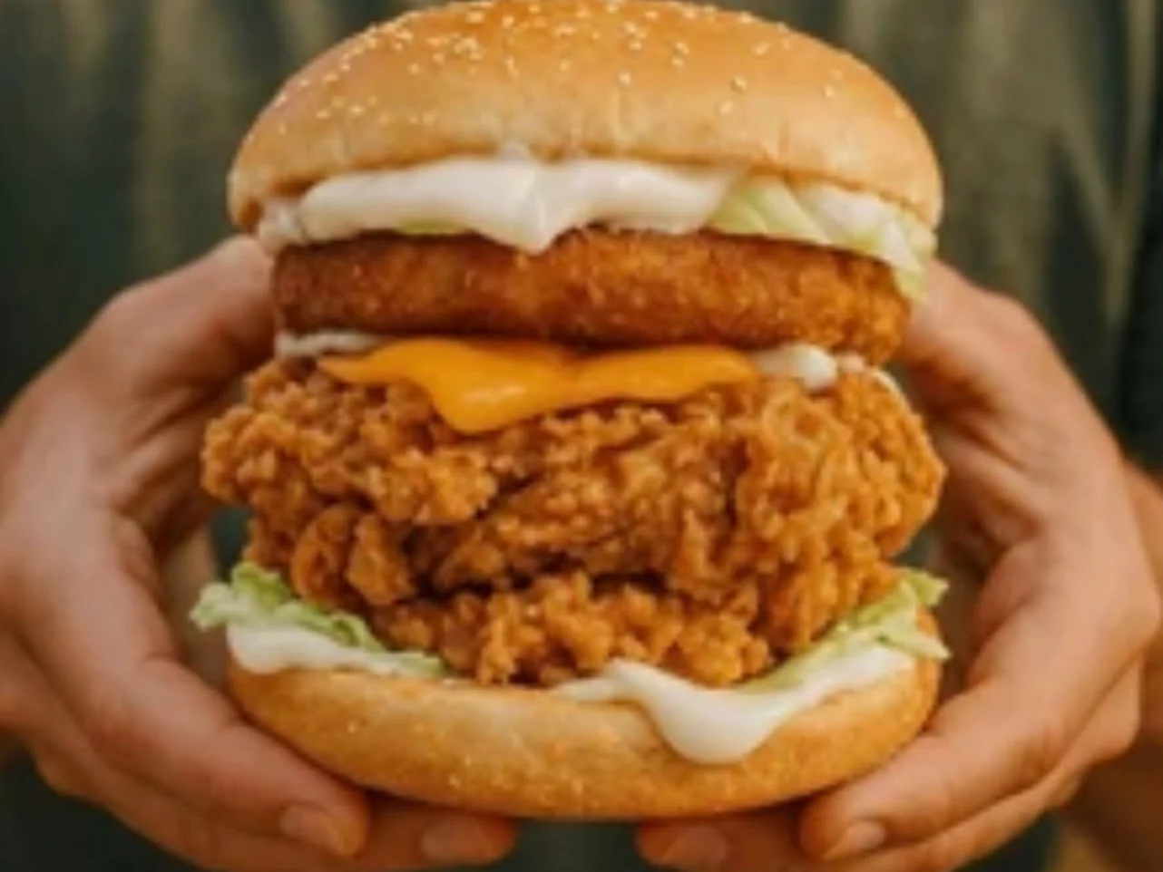 Stackzville - a tower of two crispy fried chicken fillets, a hash brown, cheese and mayo held in two hands, from Ashville Hot Chicken, JLT Dubai