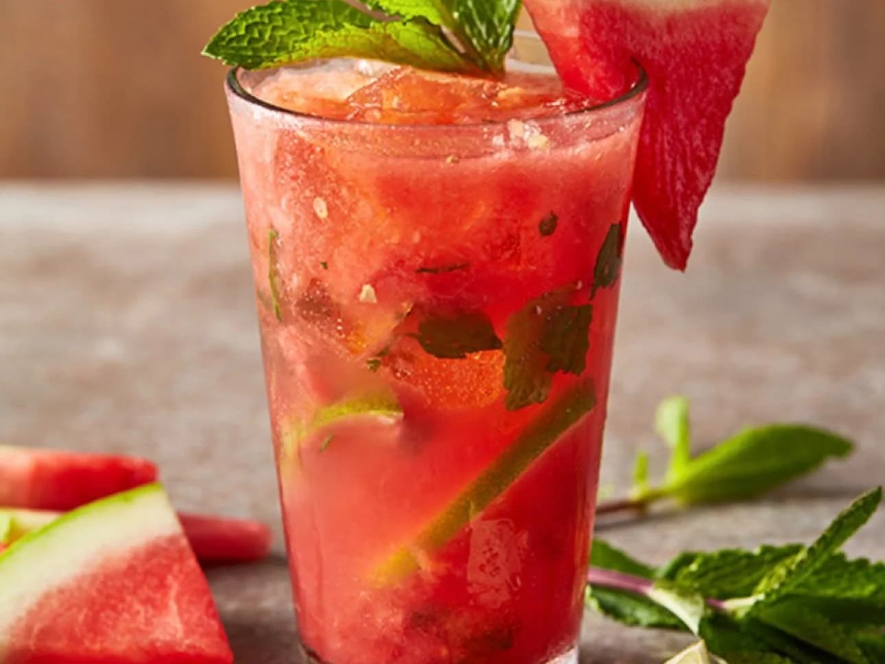 Fresh watermelon mojito with mint and a wedge of watermelon on the glass, from Ashville Hot Chicken, JLT Dubai